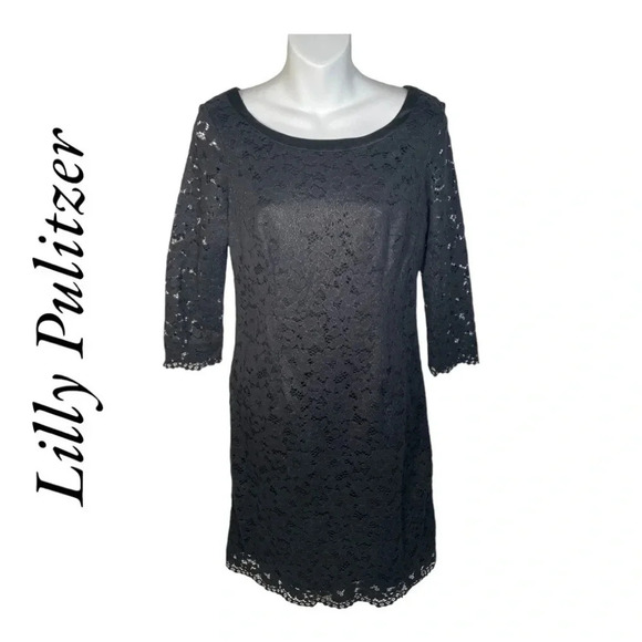 Lilly Pulitzer Black Lace Sheath Dress‎ Size 2 Knee Length 3/4 Sleeve - Picture 1 of 5